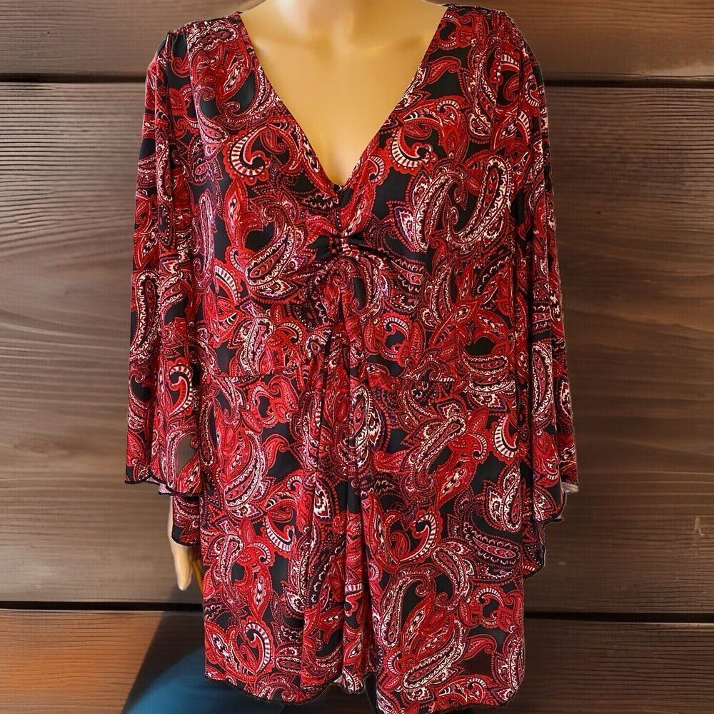 Ellos Tunic Top Blouse Women's Plus 22/24/1X Black Burgundy Paisley Whimsical